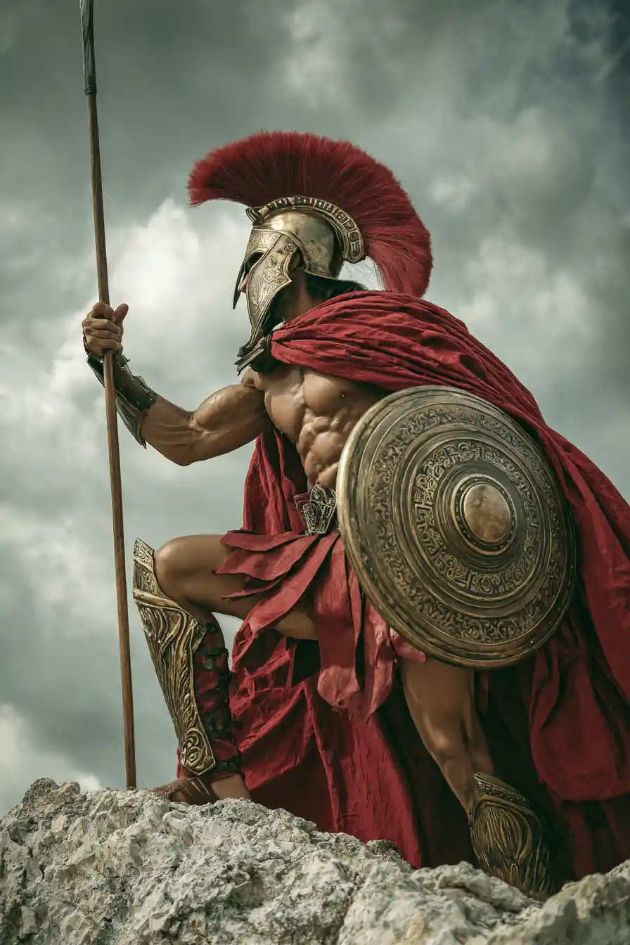 Legendary Spartan warrior posing with spear and shield