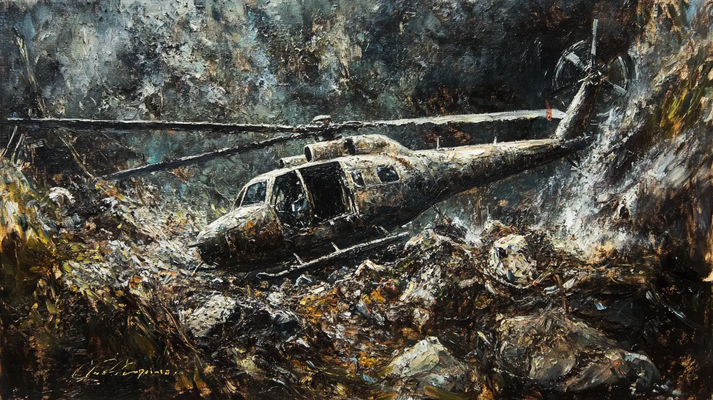 Oil painting of a crashed combat helicopter in rocky terrain