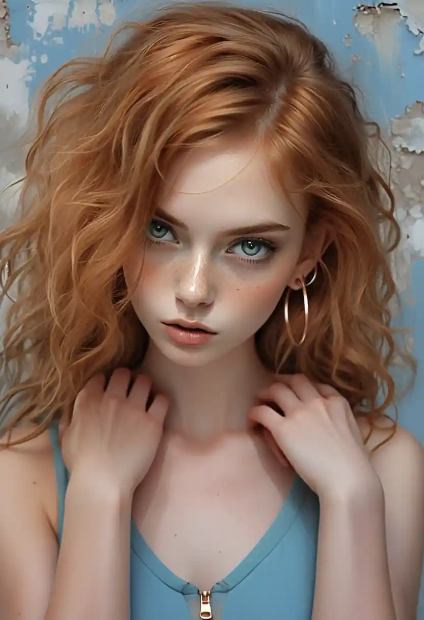 Ethereal redhead girl portrait against aged blue wall