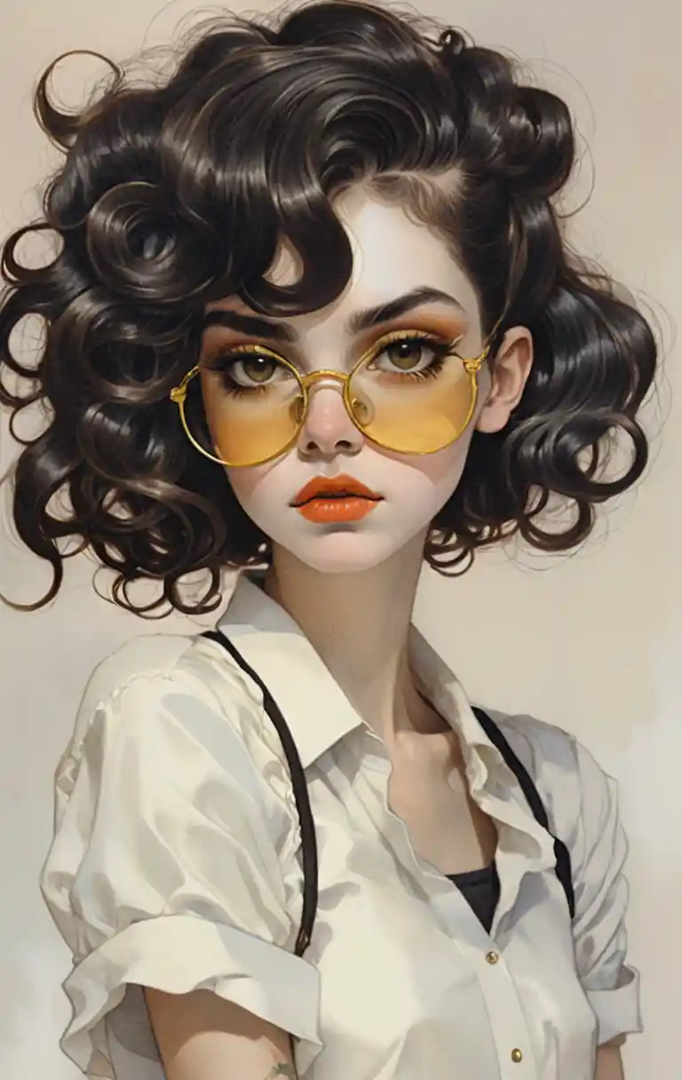 Stylish woman with curly black hair and retro tinted glasses