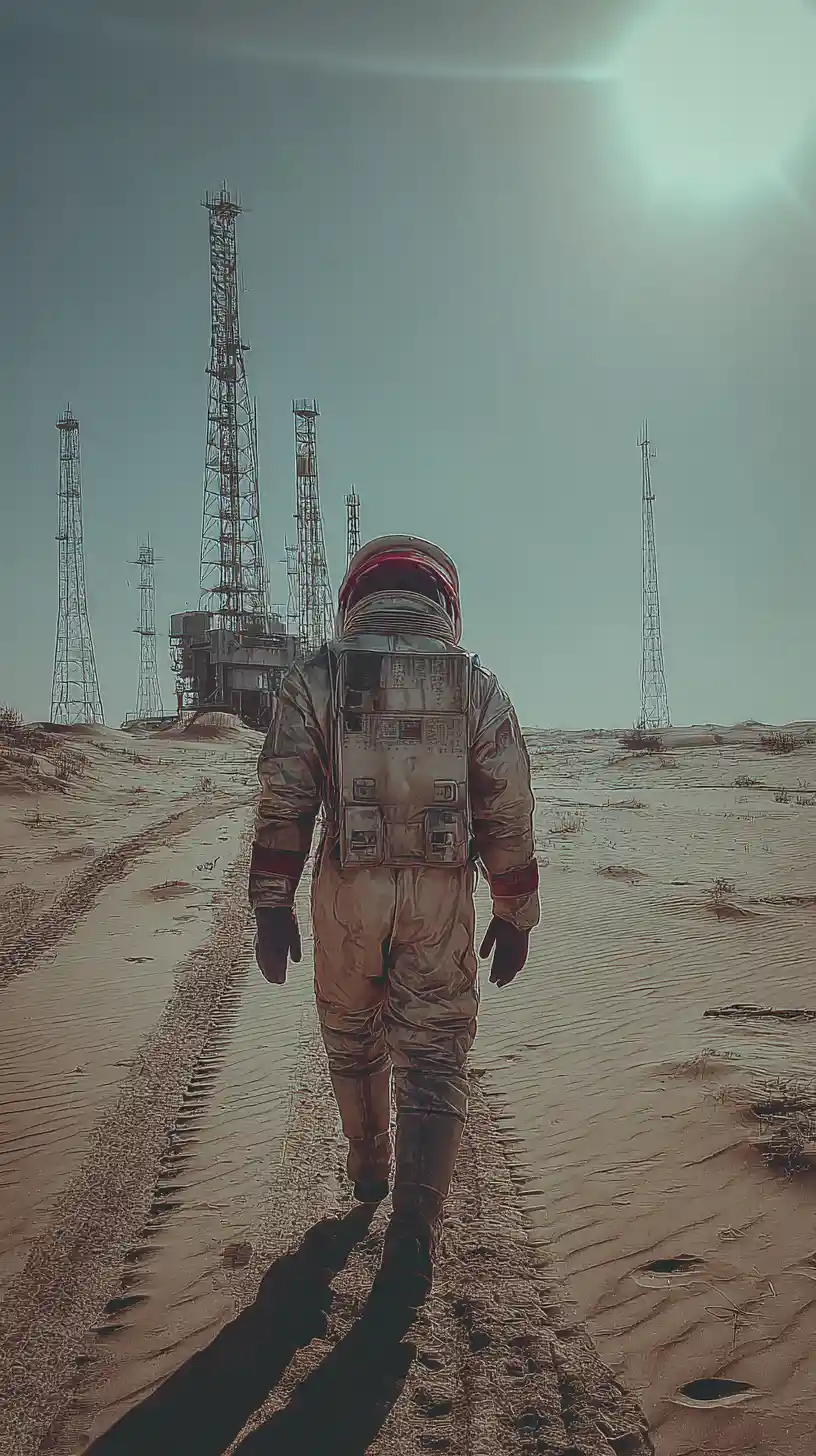 Lone astronaut crossing twin sun dunes toward alien monolith