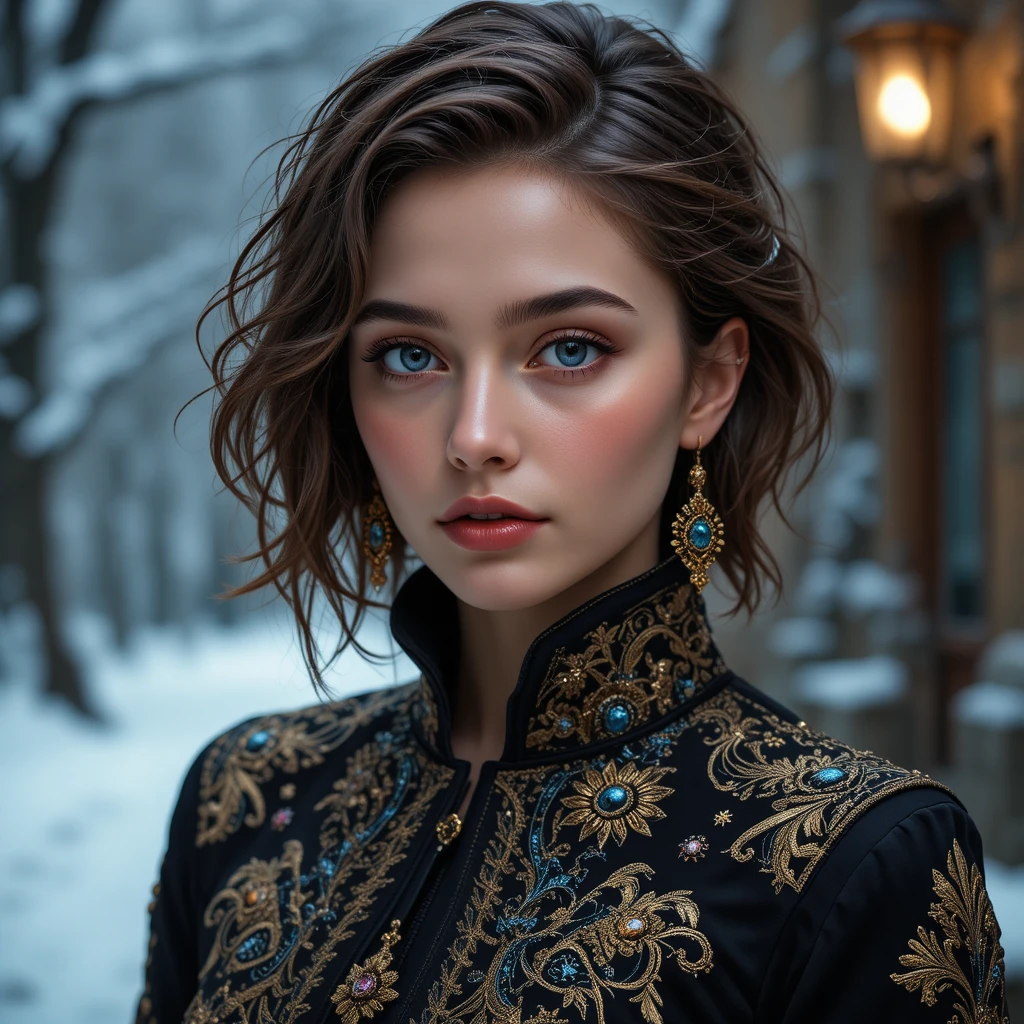 Junge Frau in kunstvoller Jacke mit intensivem blauem Blick