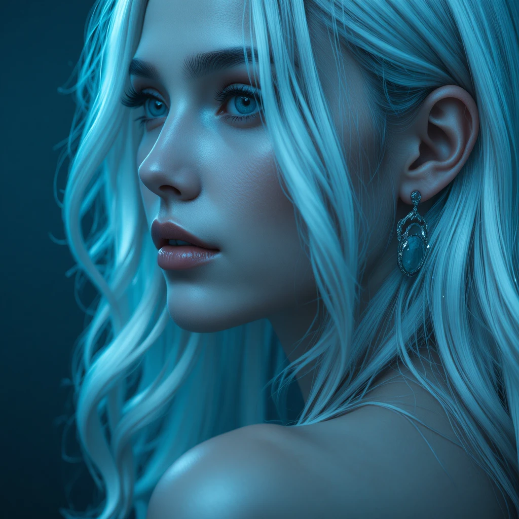 Primer plano cinematográfico de cabello platino con pendiente de plata