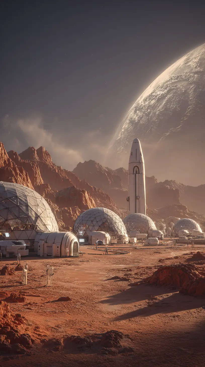 Futuristic Mars colony with domes and landing starships