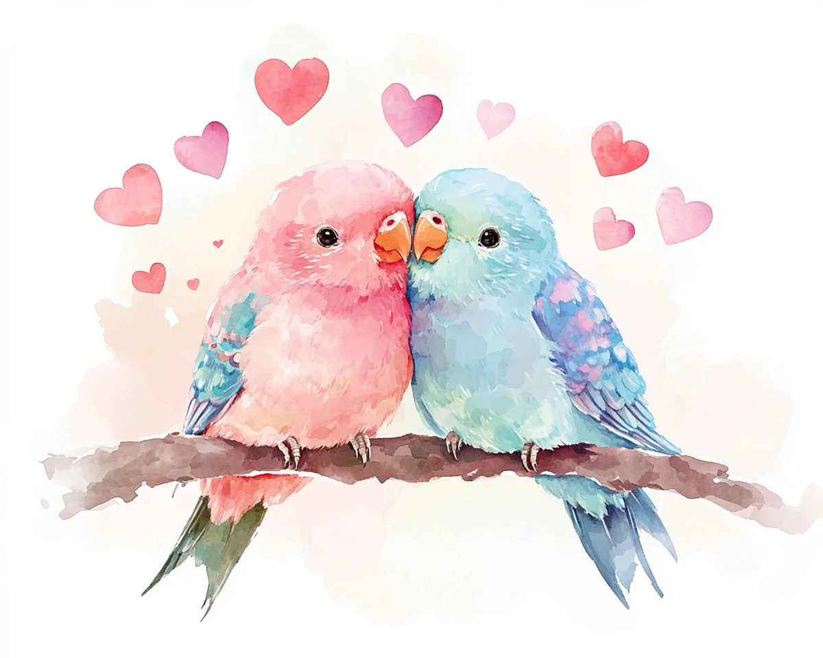 Pareja de loros en acuarela acurrucados en una rama con corazones
