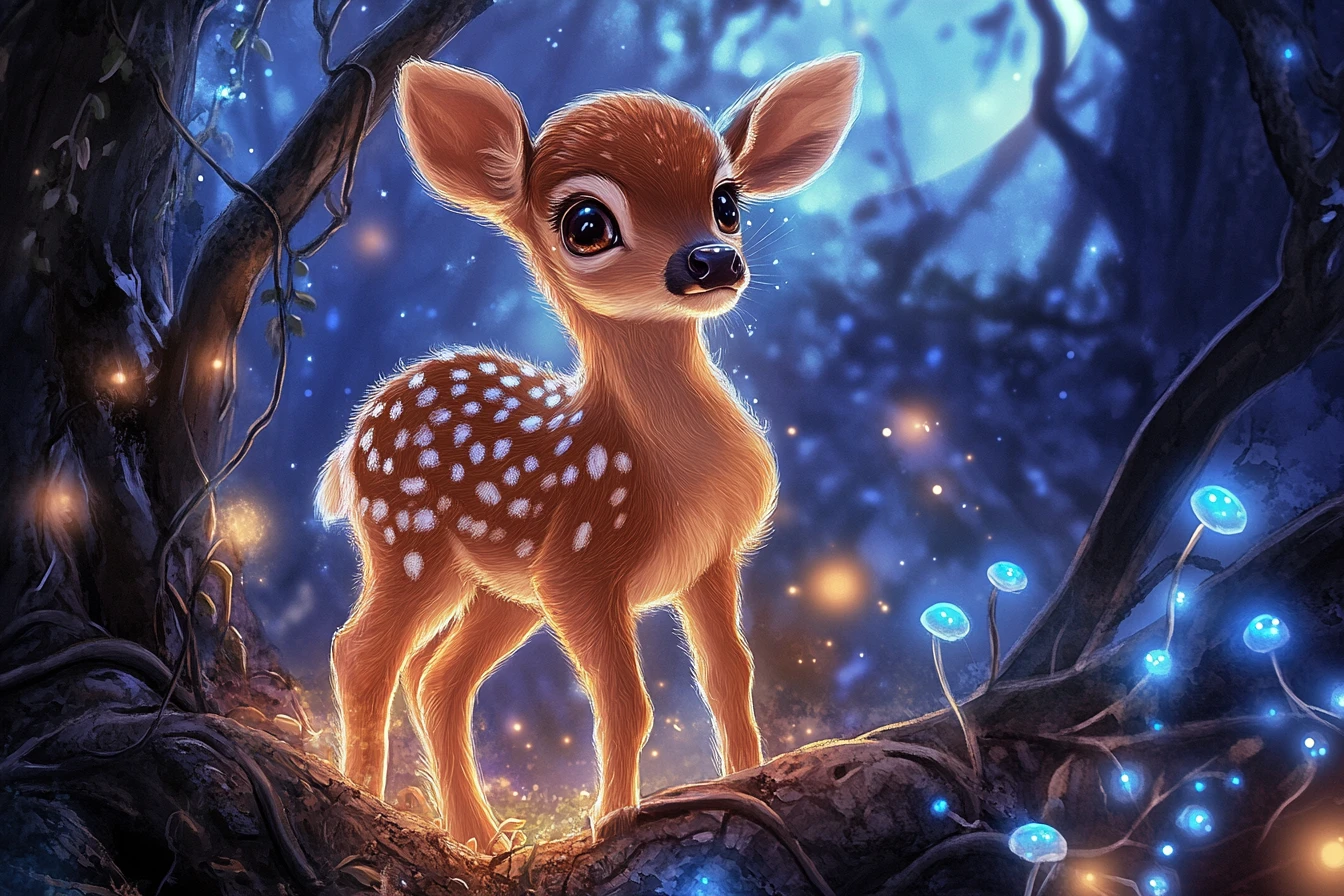Filhote de cervo fofo em um galho brilhante na floresta mágica