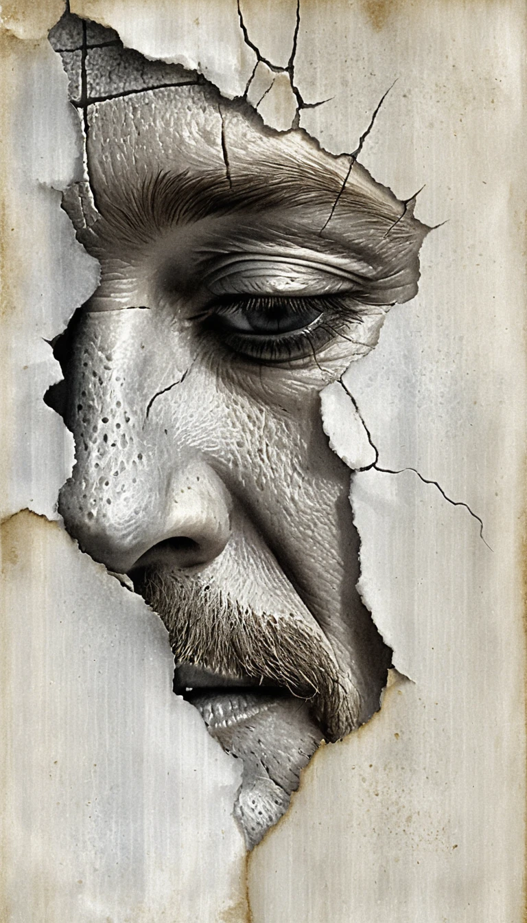 Rosto masculino idoso fragmentado em mixed media em close-up