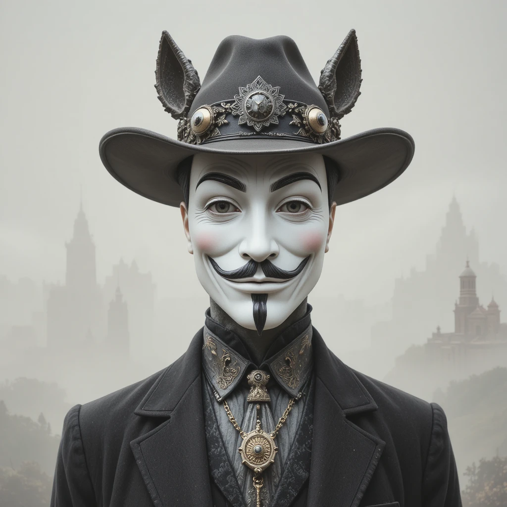 Surreal porcelain mask sheriff in a rocky desert landscape