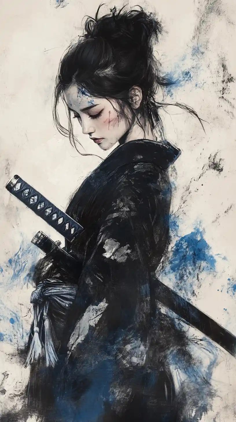 Samurai japonesa com katana em pintura em tinta contemplativa