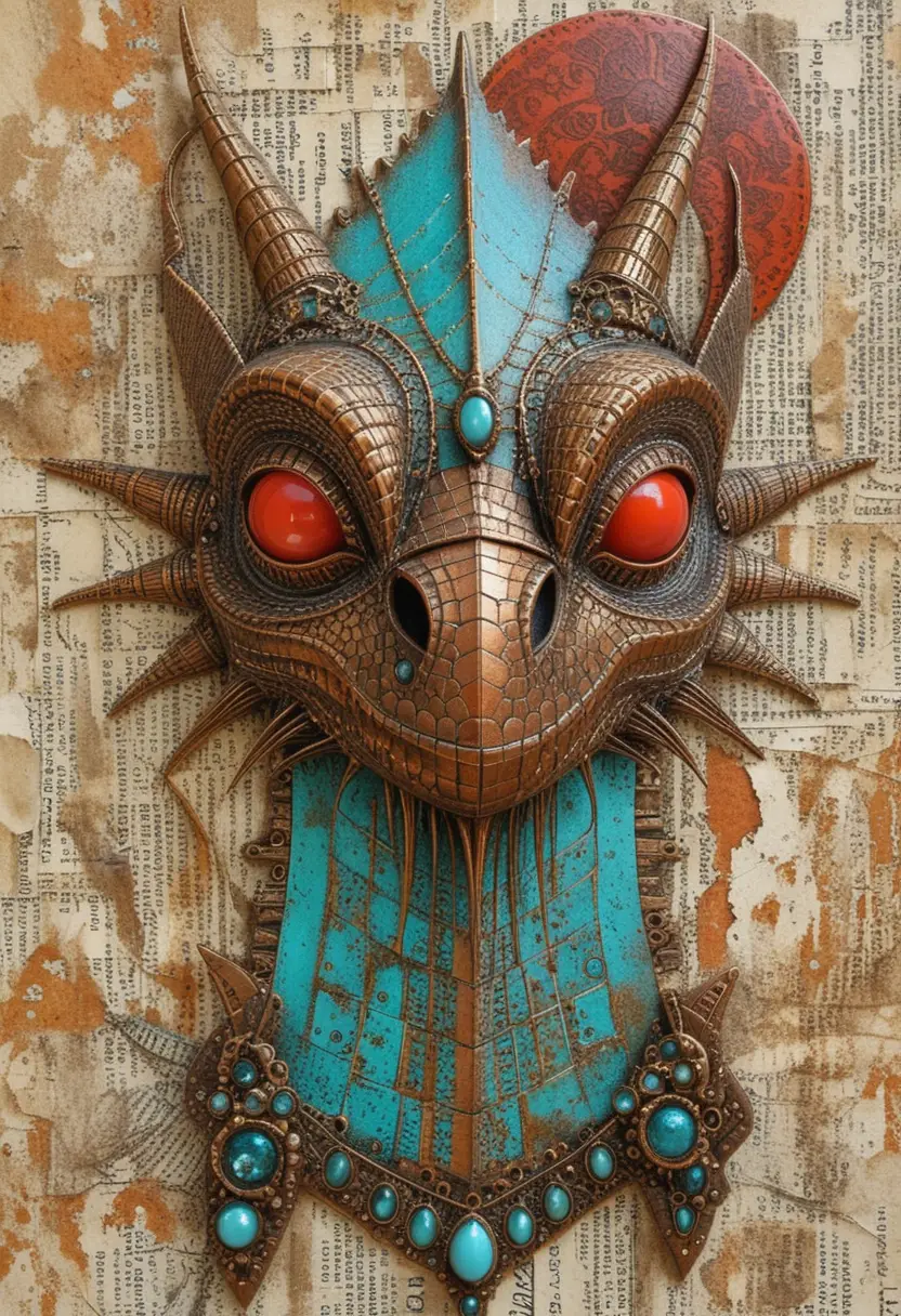 Mixed media profile portrait of a stylized fantasy dragon