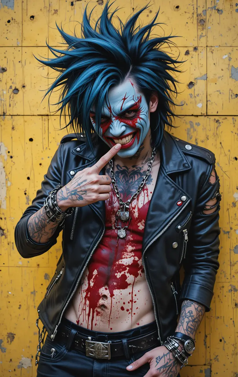 Punk rocker con camicia insanguinata e polsi incatenati che sogghigna