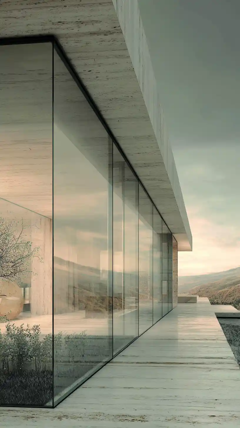 Arquitetura moderna serena com linhas puras e espaço aberto
