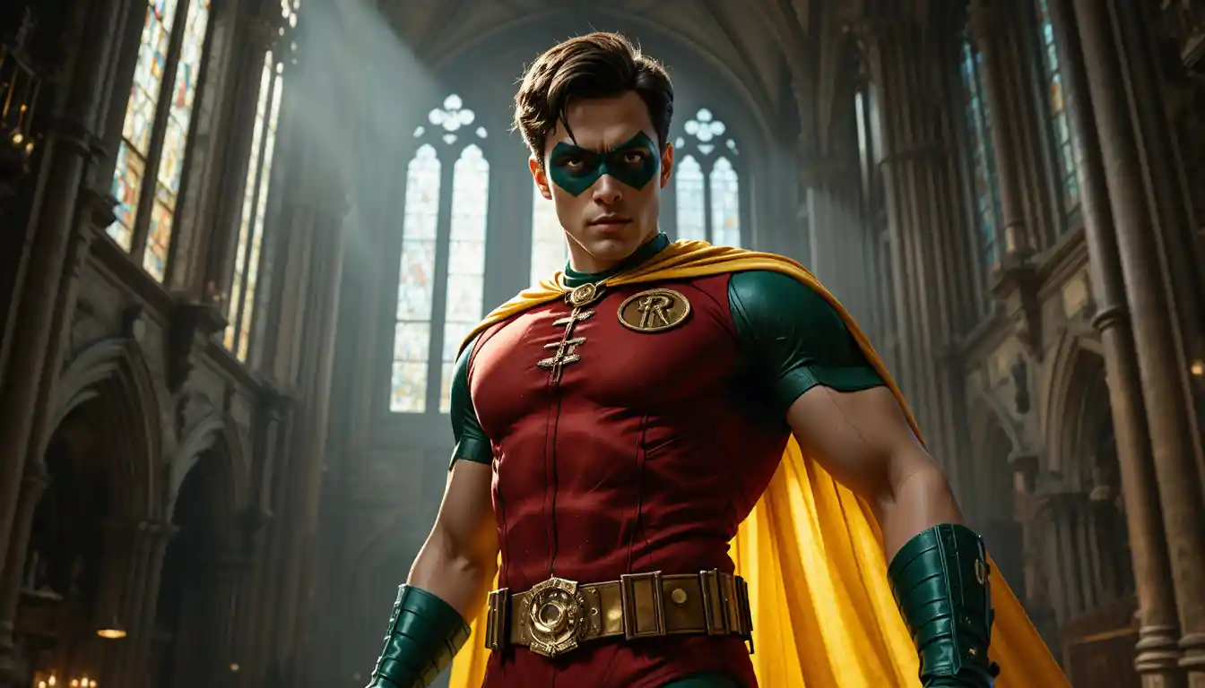 Herói mascarado musculoso posando em uma catedral gótica