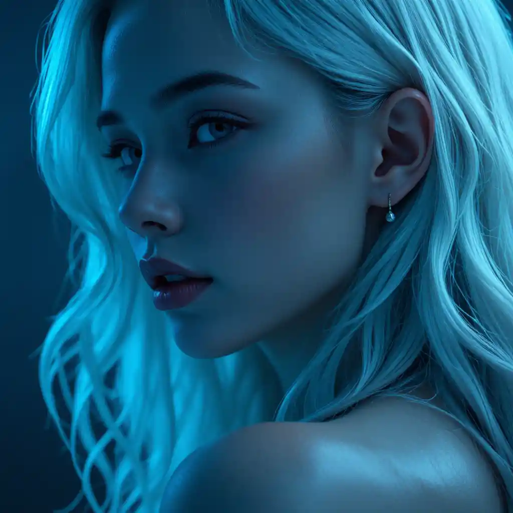 Cinematic close up portrait of woman with platinum wavy hair