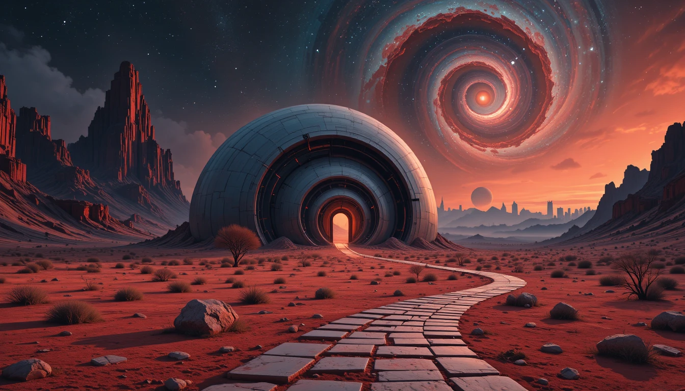 Edificio a spirale futuristico che brilla in una silenziosa notte nel deserto