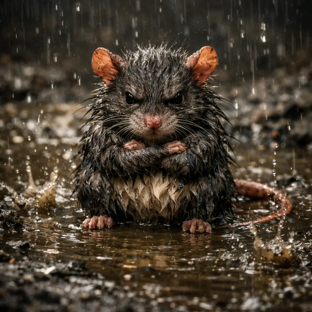 Rato molhado e rabugento sentado em uma poça de chuva lamacenta