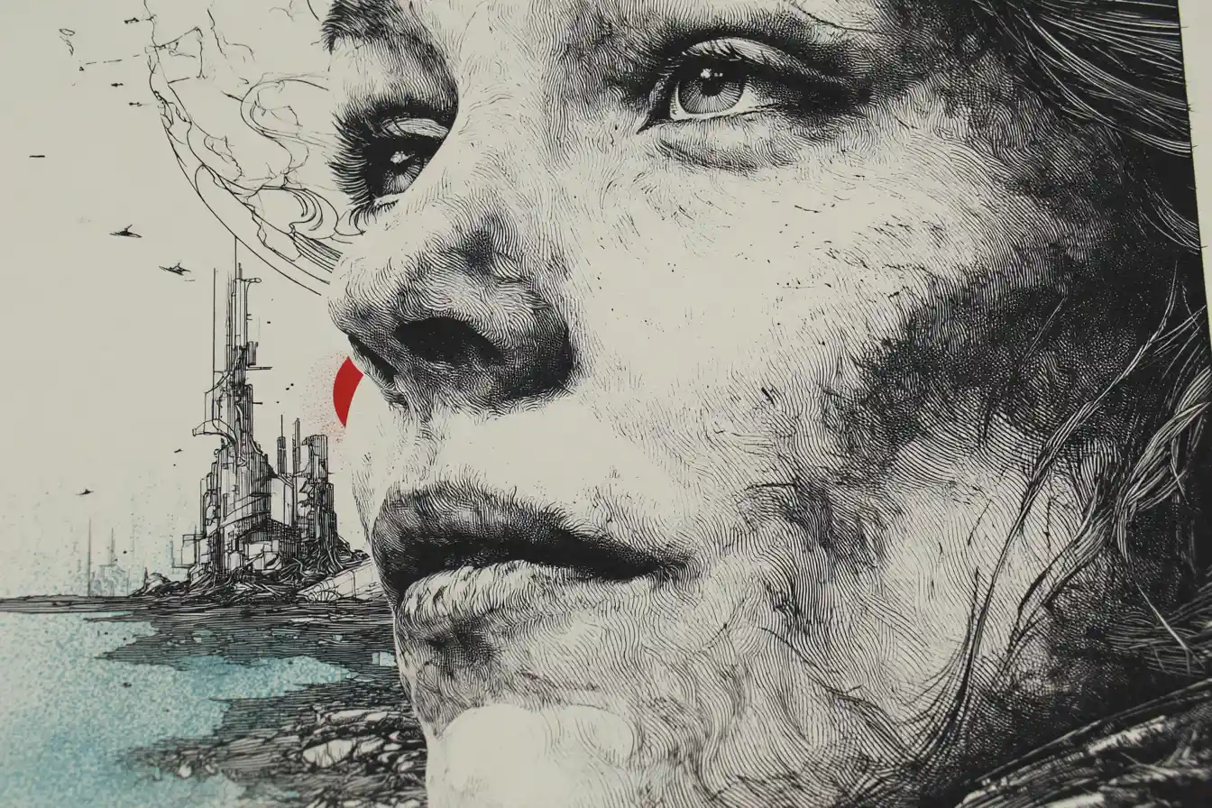 Close up portrait of a broken woman by alien water
