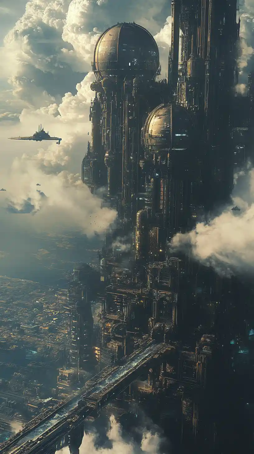 Majestic steampunk city rising above the glowing clouds
