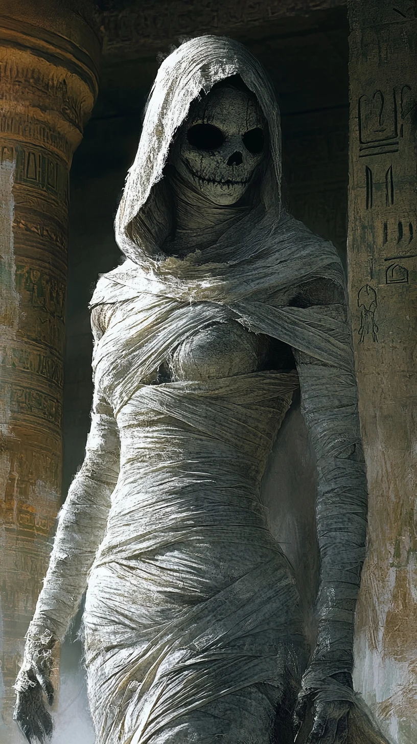 Bandaged mummy like woman in ancient tomb ruins