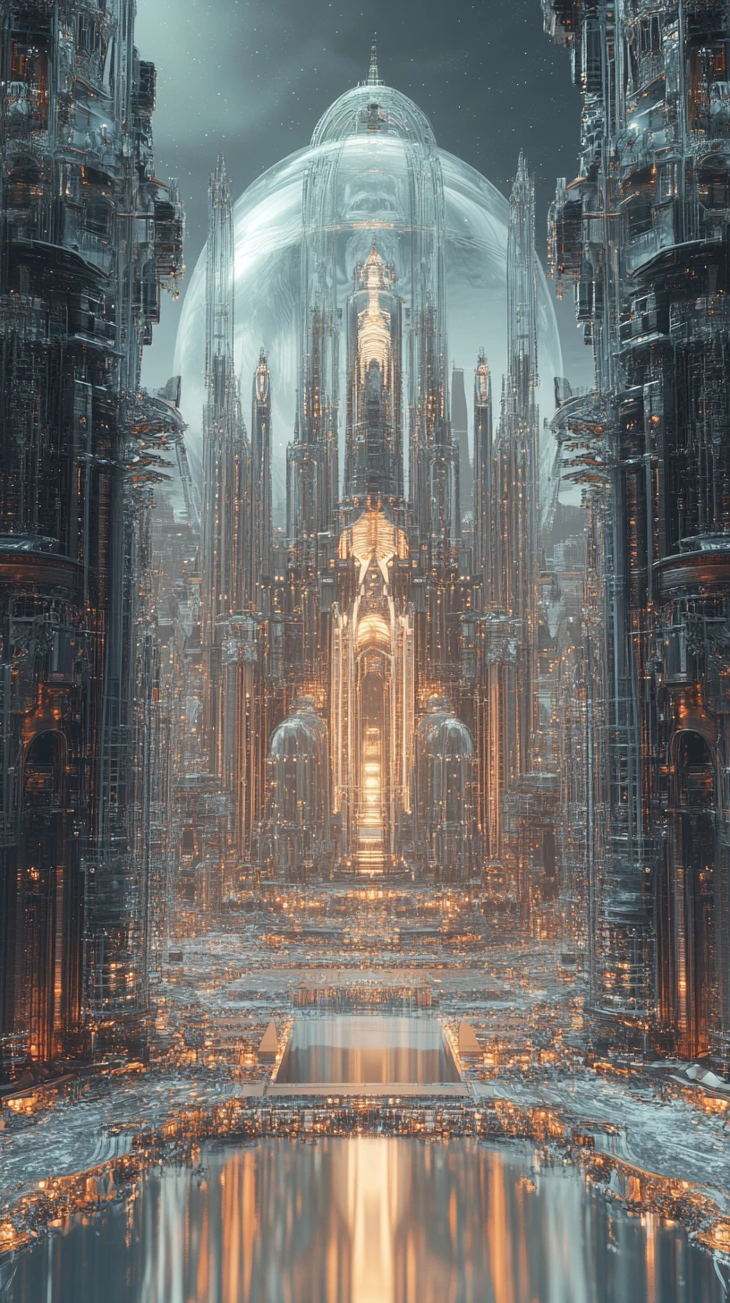 Palais de Verre Futuriste S’élevant au-dessus d’un Paysage Urbain Symétrique