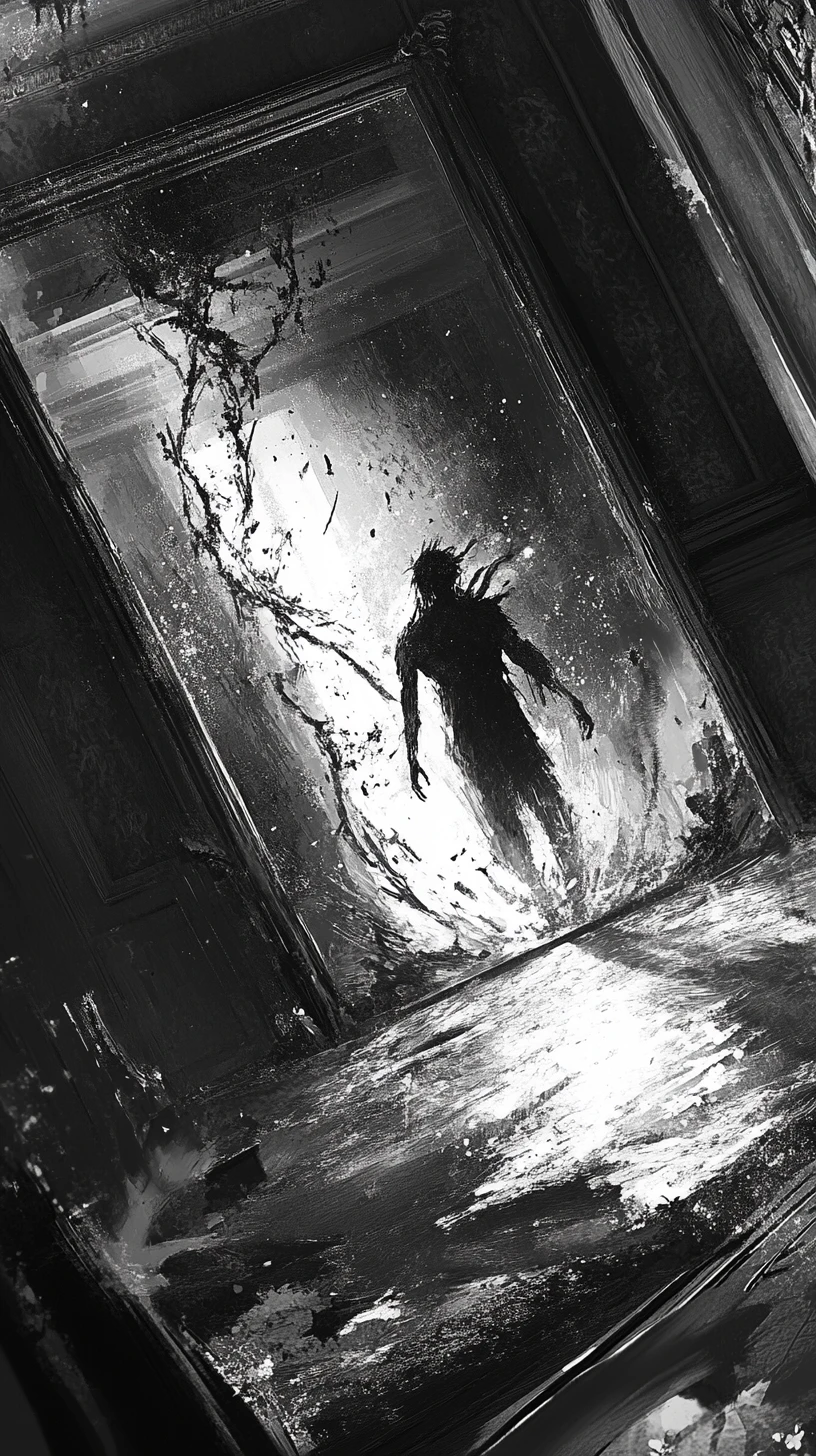 Shapeless demon emerging from a starry mirror in darkness