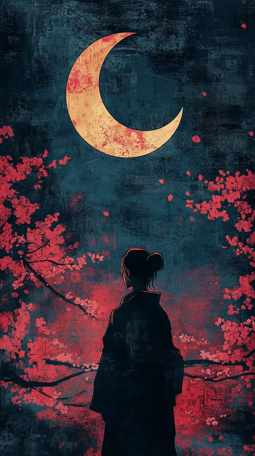 Woman in kimono gazing at crescent moon under cherry blossoms