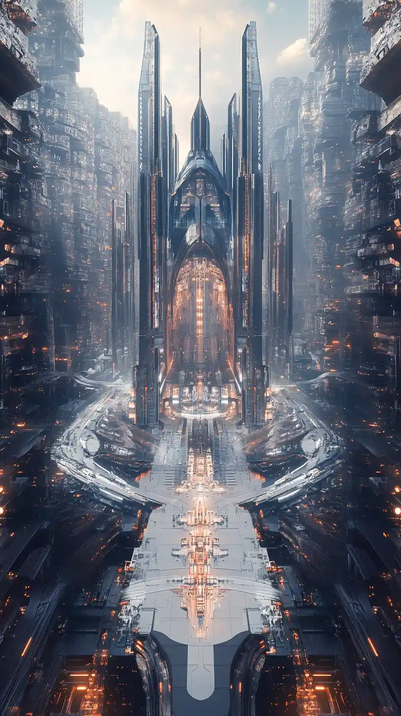 Palácio de vidro futurista erguendo-se sobre uma cidade moderna
