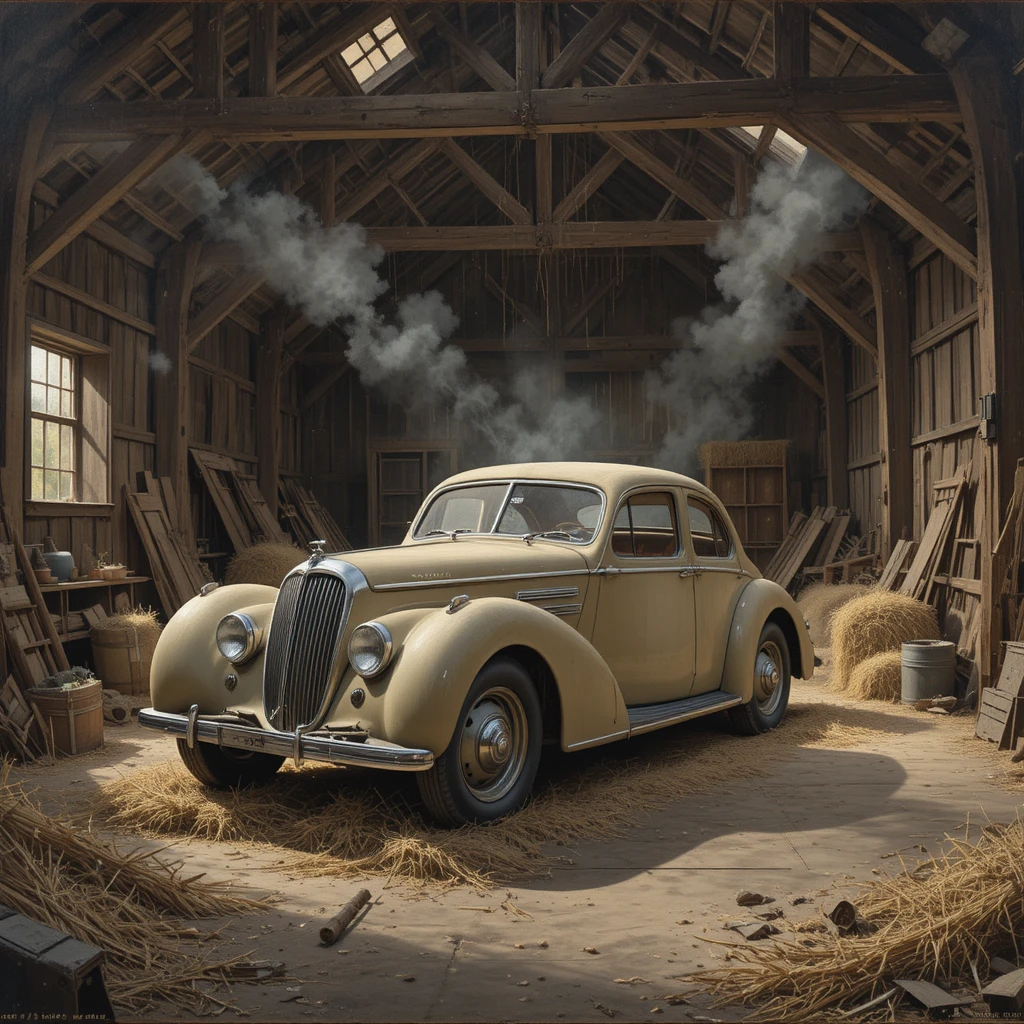 Vintage car resting in a dusty barn oil painting