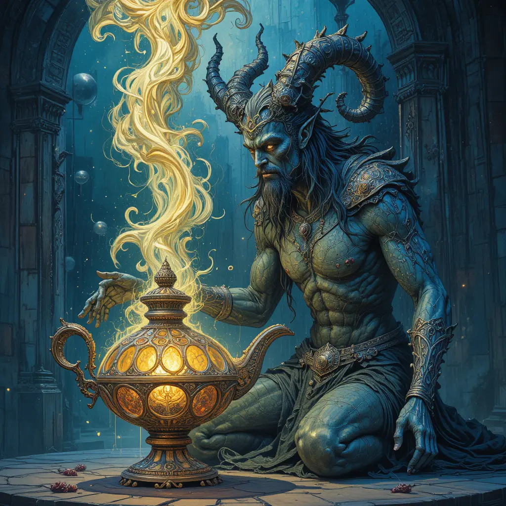 Djinn Mystérieux à Côté d’une Lampe Magique Finement Sculptée