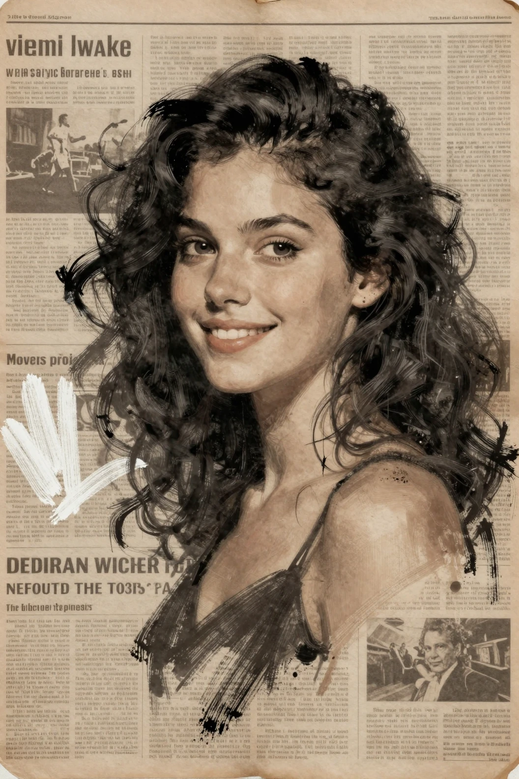 Charcoal portrait of a curly girl over vintage newspaper collage