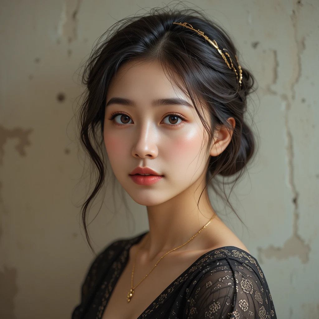 Young Asian woman in soft light portrait against wall