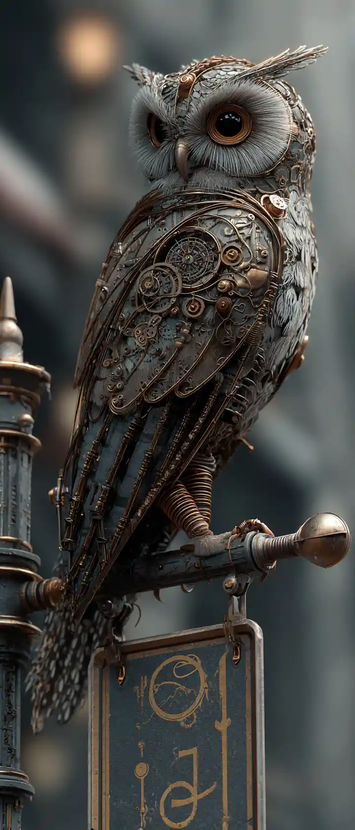 Gufo meccanico steampunk appollaiato su un'insegna in una città antica