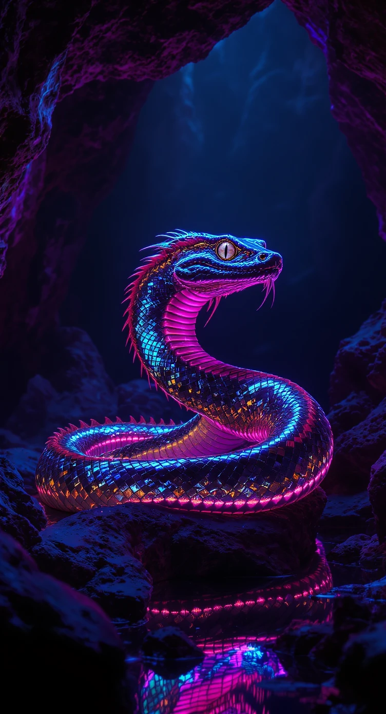 Neon basilisk posed in a dark cavern fashion scene