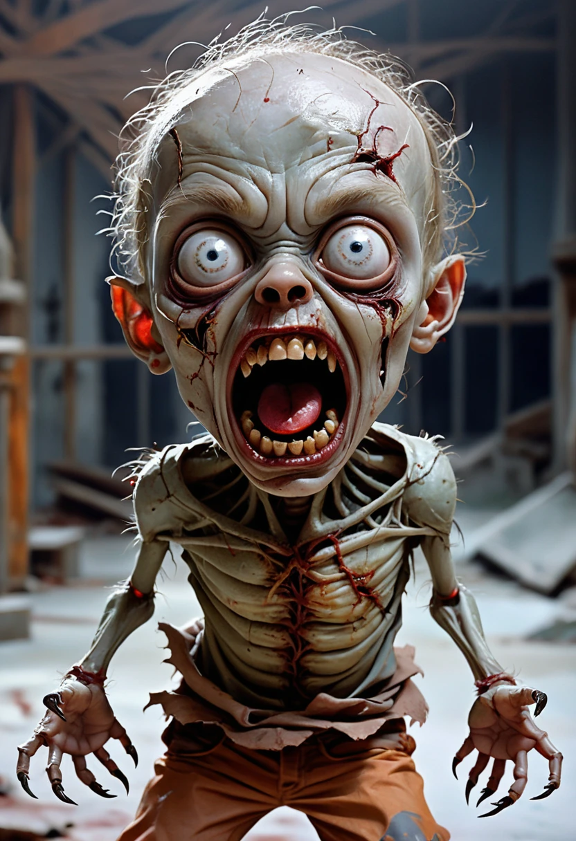 Enfant zombie démoniaque en pose en T sur fond blanc