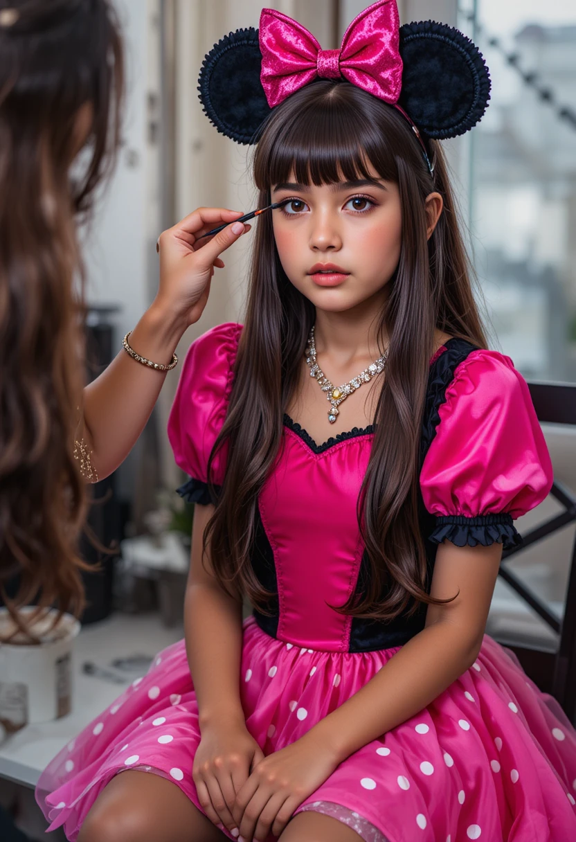 Menino apreensivo em vestido rosa da Minnie recebendo maquiagem