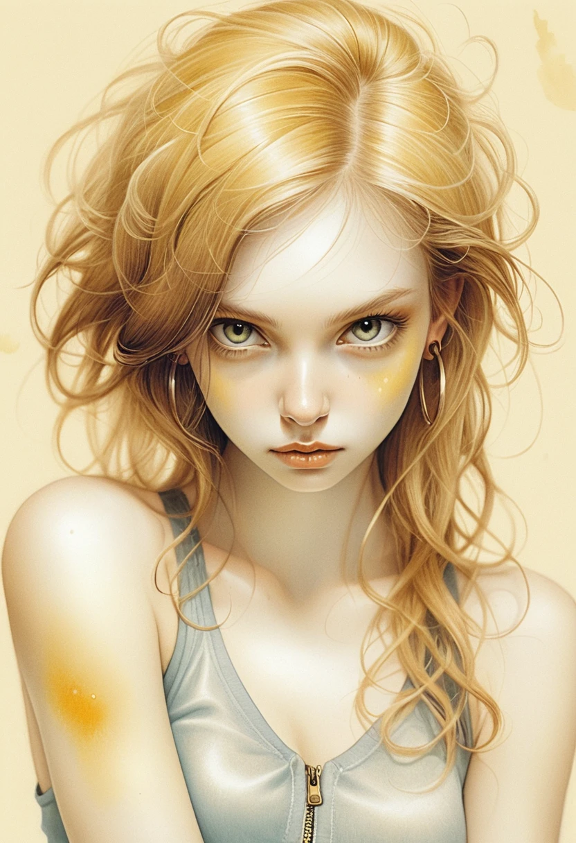 Retrato de chica pelirroja con ojos verde menta frente a pared azul