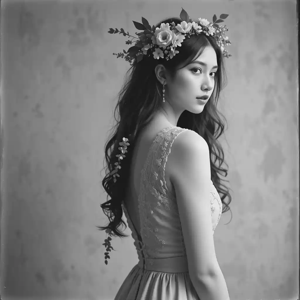 Ritratto monocromatico di una giovane donna con corona di fiori