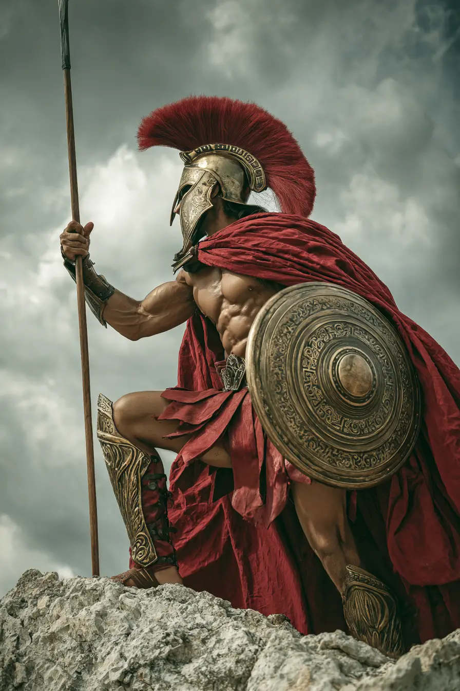 Legendary Spartan warrior posing with spear and shield