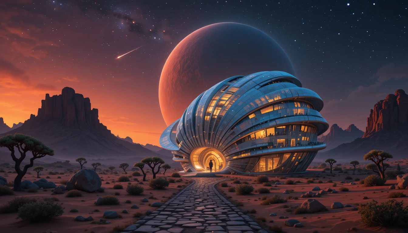 Edificio futuristico a spirale nel deserto sotto un cielo stellato luminoso