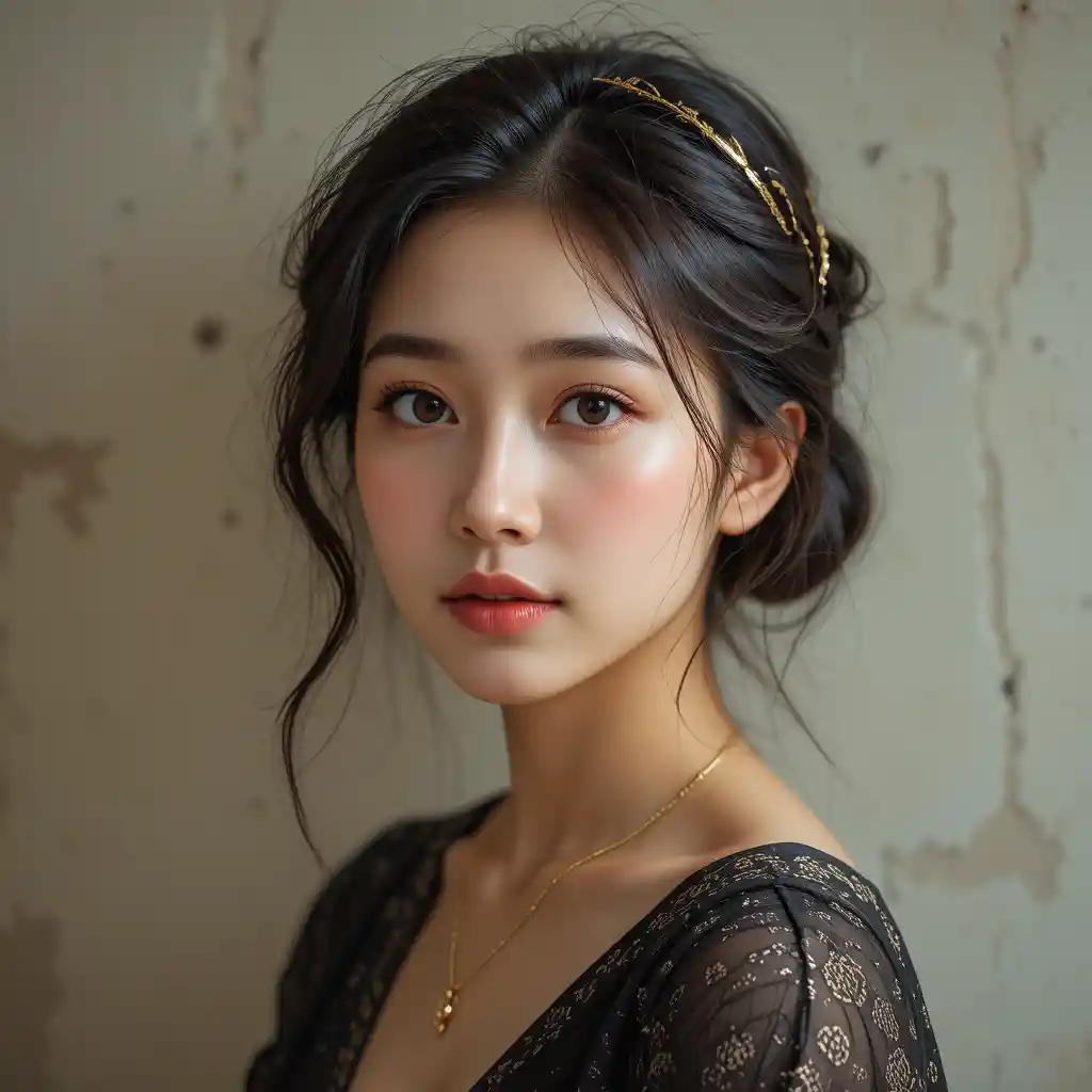 Young Asian woman in soft light portrait against wall