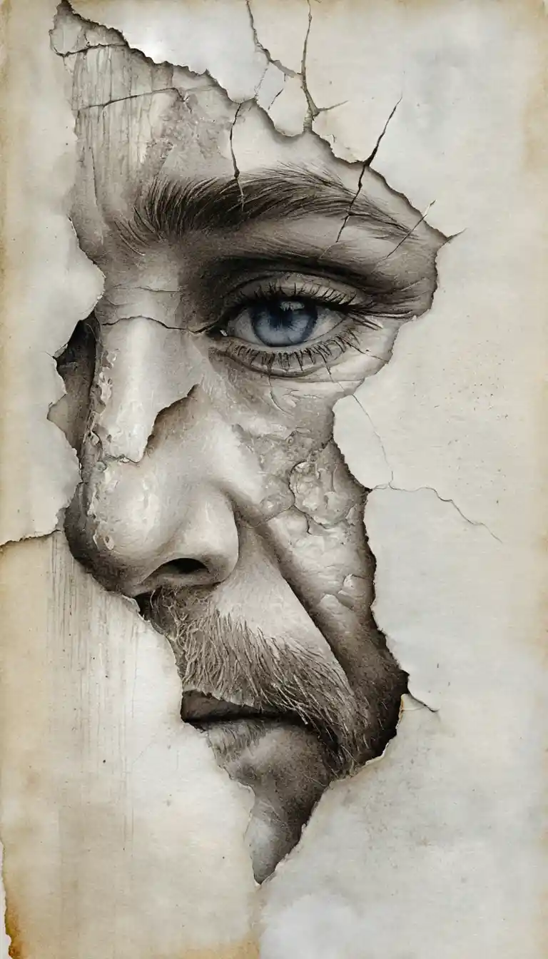 Gros plan de visage fragmenté d’homme âgé en technique mixte