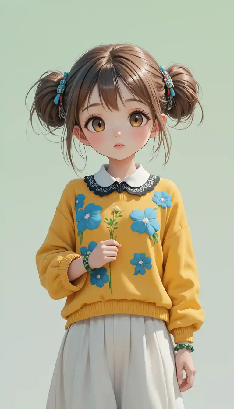 Sweet anime girl in floral sweater holding green sprout