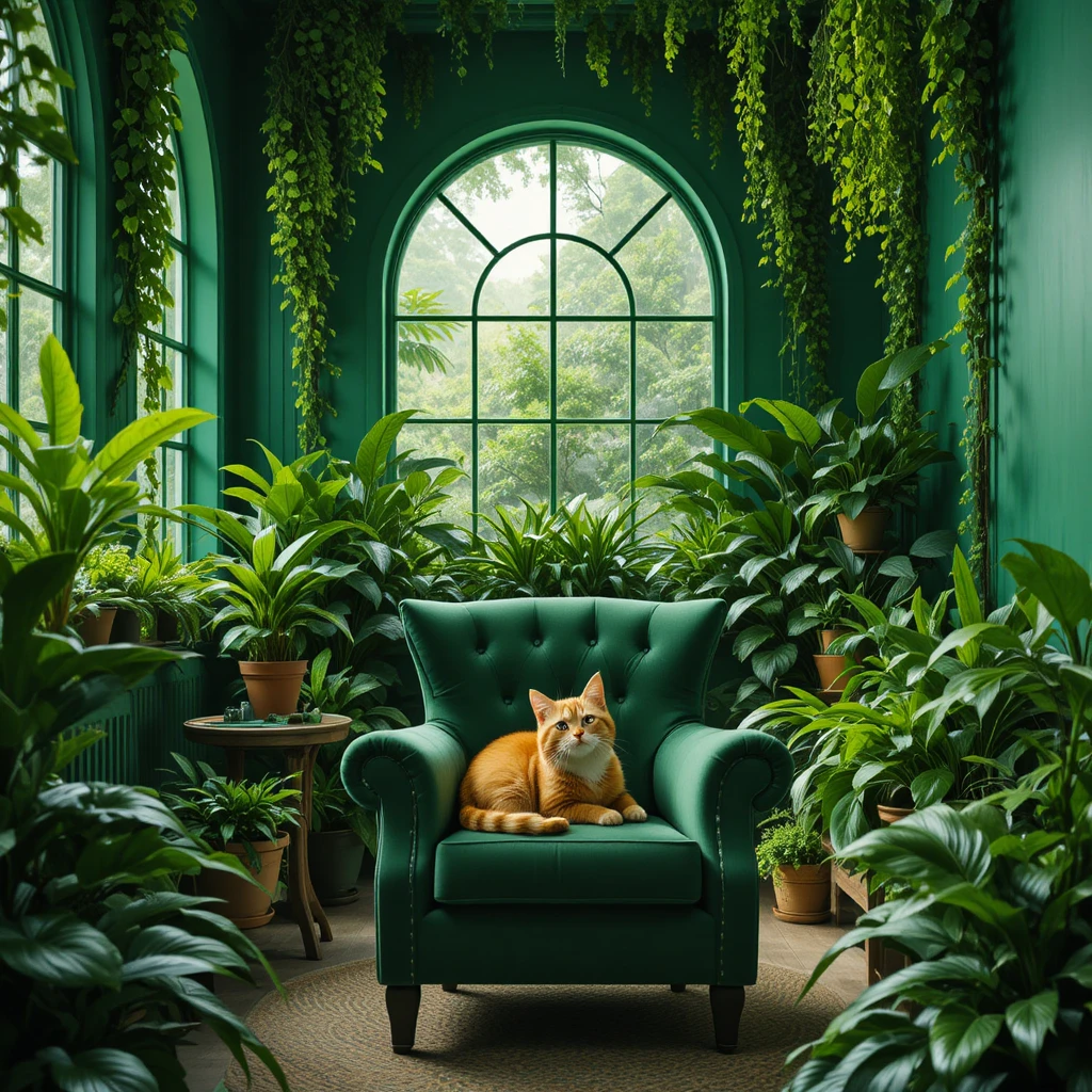 Gato laranja malhado relaxando em uma poltrona verde em quarto estilo selva
