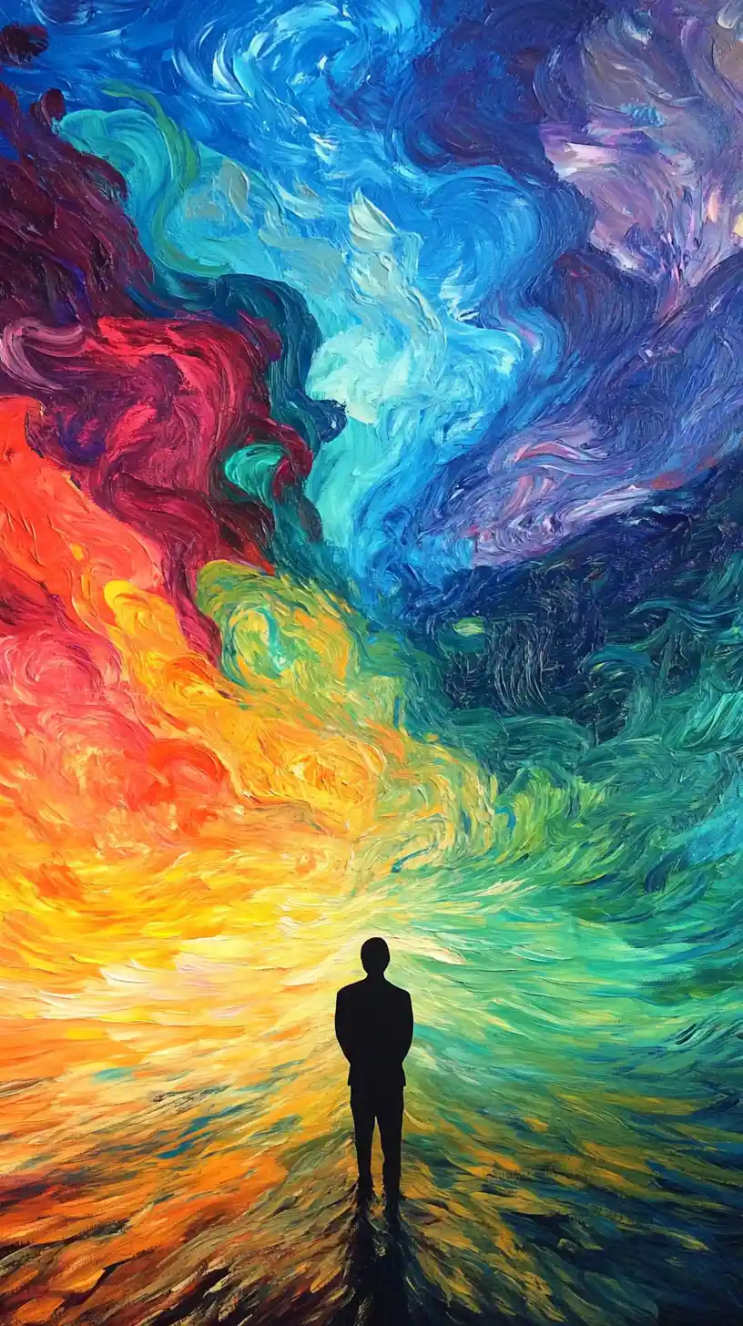 Silhouette Against Rising Colorful Waves Of Calm Ocean Energy