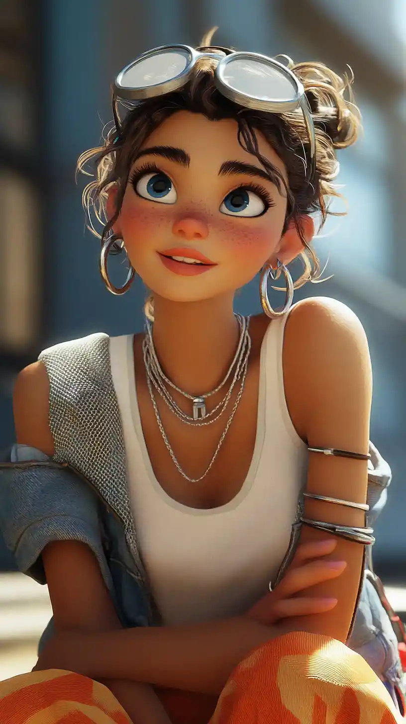 Pixar style girl in denim jacket and orange sweatpants