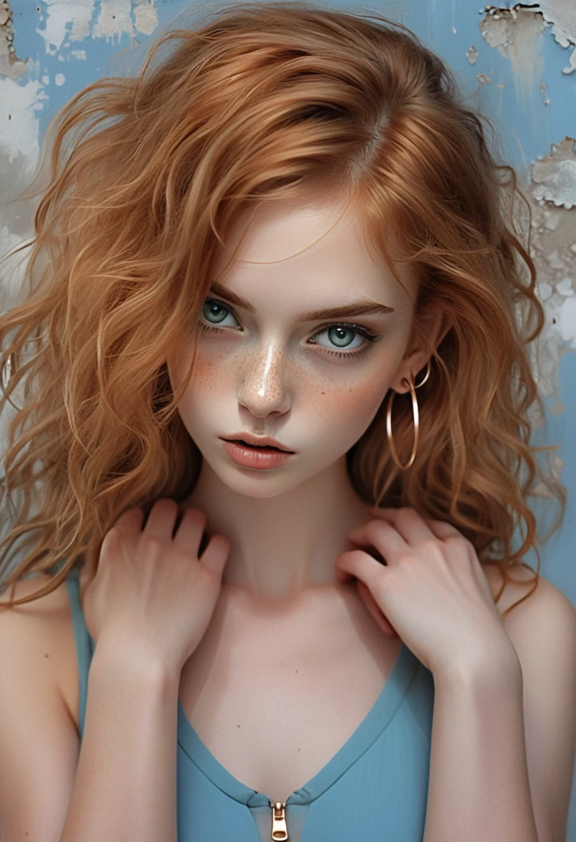 Ethereal redhead girl portrait against aged blue wall