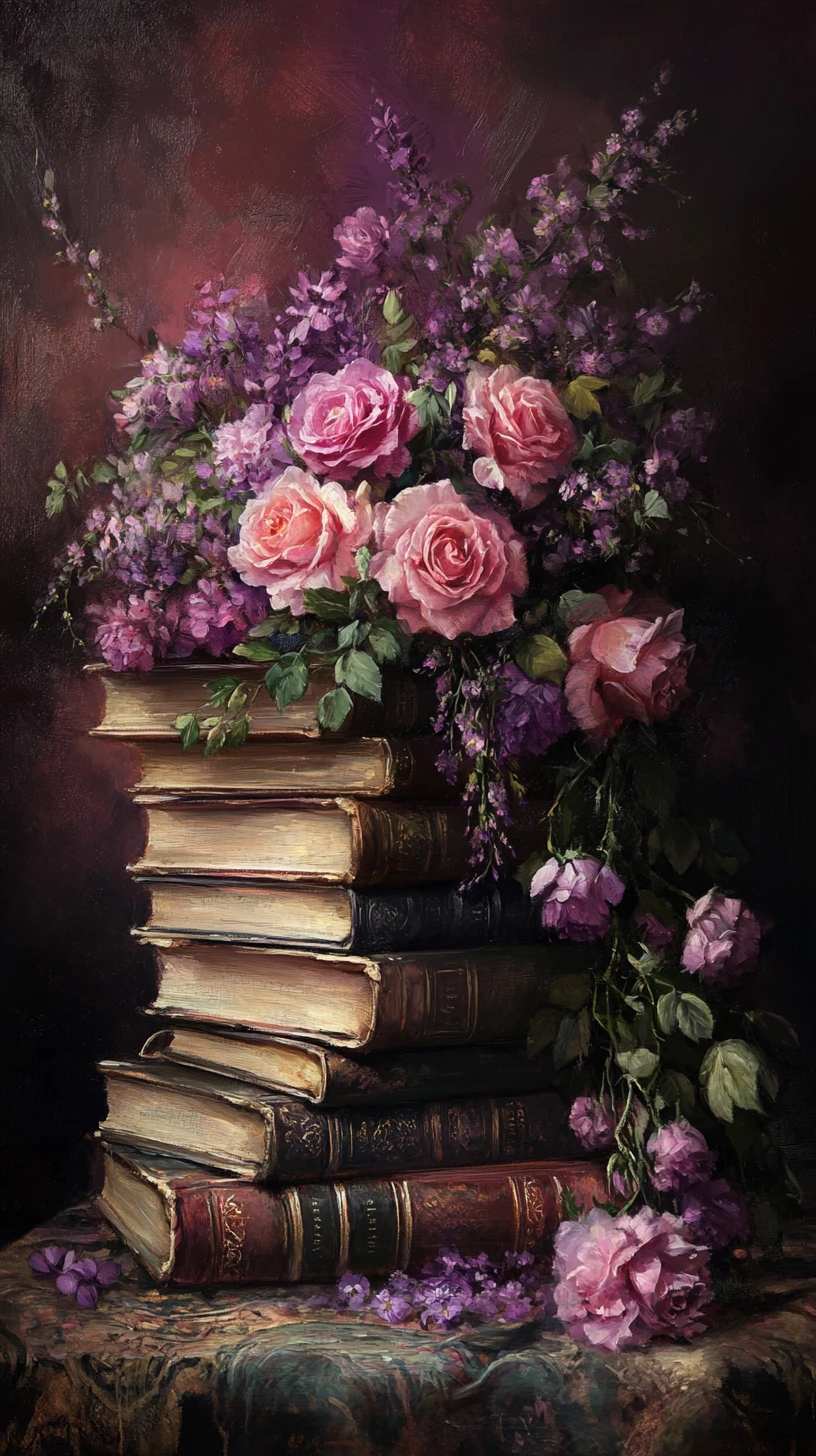 Romantisches Stillleben mit alten Büchern und blühenden Rosen