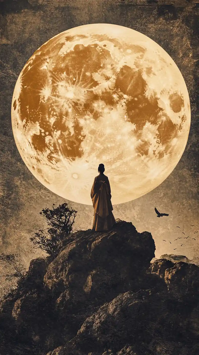 Mulher em trajes tradicionais diante de uma lua dourada luminosa