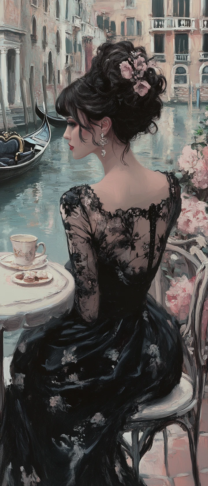 Elegant woman in black gown at venice cafe table