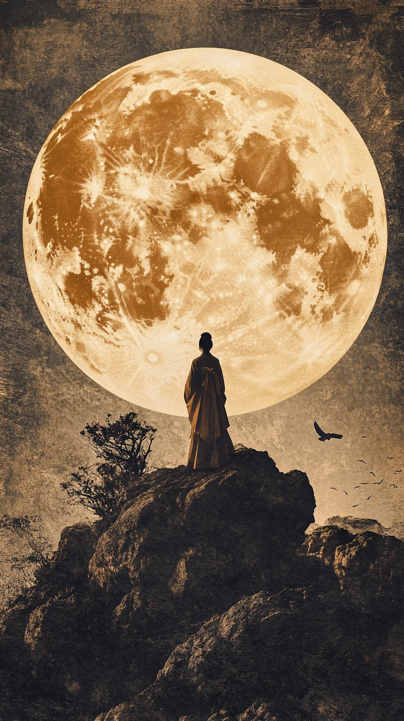 Mulher em trajes tradicionais diante de uma lua dourada luminosa